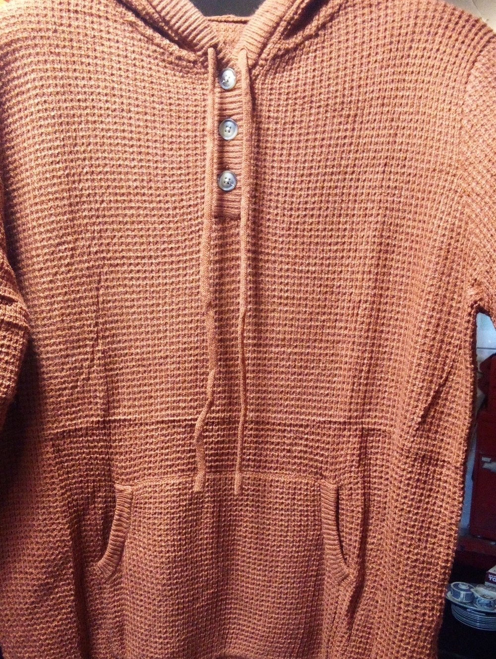 Cozy Lightweight Hooded Knit Sweater Rust Color Kangaroo Front Pocket Sz XL